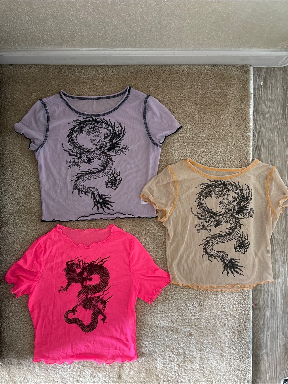 Sheer Dragon Graphic Crop Tops - Lavender, Peach, Hot Pink